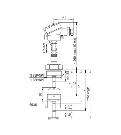 Level switch MRA-111-7/Ex L=1100mm, L1=1000mm, NC, Float D53.5, ATEX certified MRA1117Ex Nivelco alt_view_2