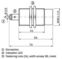 Induktīvais sensors IME30-20NPSZW2S, Jūtība: 20mm, M30x1.5, PNP, NO, Non-flush, kabelis- 3-wire, 2 m, 1041048 Sick