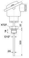 Temperature sensor with thread and head, PT100 B, 6 x 500mm, G 1/2, -50….500°C, ET511 Evikon