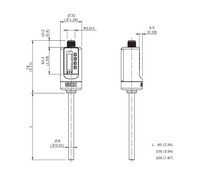 Plūsmas slēdzis FTS-I060F14A FLOW THERMAL SWITCH Probe length 60mm; Water: 3..150cm/s Oil: 3.. 300 cm/s; 2 x push-pull digital outputs; M12 4-pin connector; power supply 24V