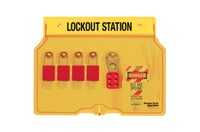 4 Padlocks Lockout Station with Cover- 4- A1106RED Aluminium Padlocks, 2-420 Hasps, 12-497A Tags. Keyed different