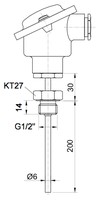 Temperature sensor with thread and head, PT100 B, 6 x 200mm, G 1/2, -50….500°C, ET511 Evikon