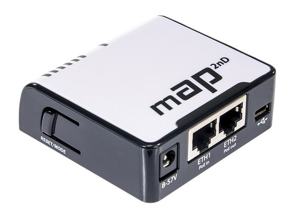 Ruteris RBmAP2nD RouterBOARD mAP2nD with AR9331 CPU, 64MB RAM, 2xLAN, built-in 2.4Ghz 802.11bgn wireless with integrated antennas, microUSB, RouterOS L4, plastic case, PSU , POE-out RBmAP2nD MikroTik alt_view_4