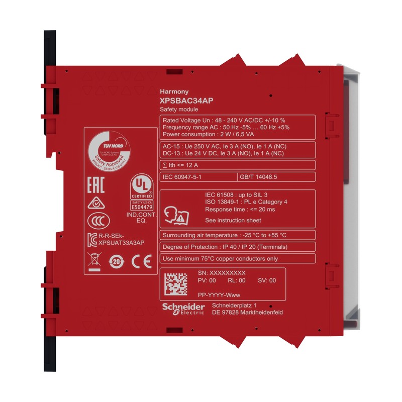 Safety module, Harmony XPS, stop or guard, connector with power terminals 48 to 240 V AC or DC XPSBAC34AP alt_view_3